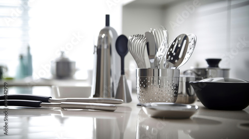 Kitchen utensils and dishware on wooden shelf. Generative Ai