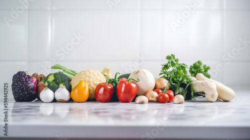 Set of variety vegetable with copy space of table, white kitchen counter bar. Generative Ai