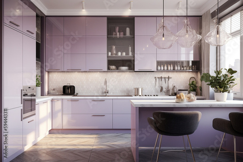 Cozy modern kitchen for woman  lilac light colors. Super photo realistic background  generative ai illustration