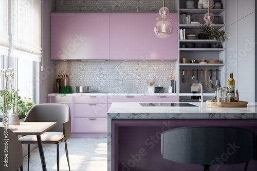 Cozy modern kitchen for woman, lilac light colors. Super photo realistic background, generative ai illustration © Anna