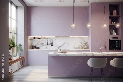 Cozy modern kitchen for woman  lilac light colors. Super photo realistic background  generative ai illustration