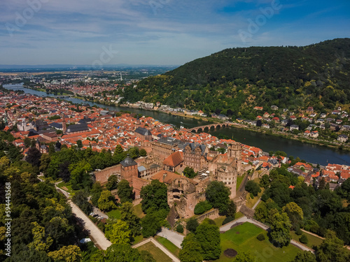 Aerial view by drone Heidelberg Baden-Wurtemberg Bridge Neckar Germany Castle photo
