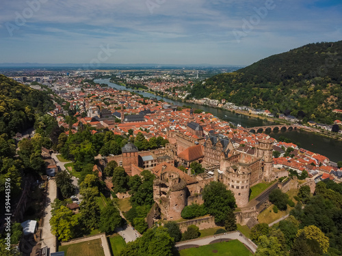 Aerial view by drone Heidelberg Baden-Wurtemberg Bridge Neckar Germany Castle photo