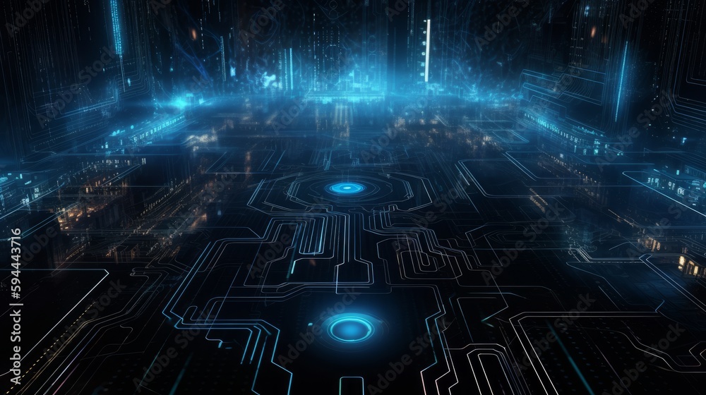 Technology background made with glowing computer circuits and geometric shapes. Generative AI. Technology background made with glowing computer circuits and geometric shapes. Generative AI.