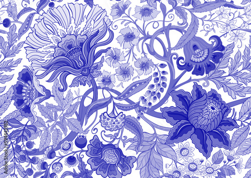 Fantasy flowers in retro, vintage, jacobean embroidery style. Seamless pattern, background. Vector illustration.