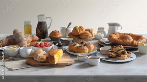 Set of breakfast food or bakery and coffee on table kitchen background. Generative Ai
