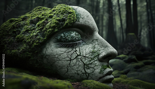 Von Moos bedeckter Kopf aus Stein im Wald (Generative AI) © Fotosphaere