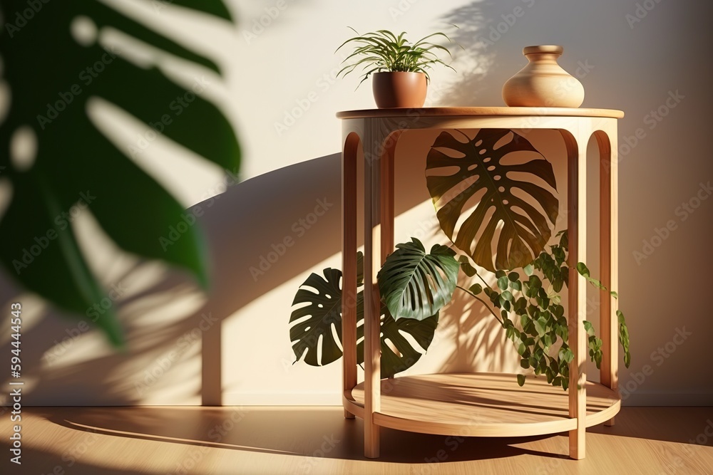 Fototapeta premium An interior wall with the shadow of the leaf of an monstera, negative copy space. Ai generated.