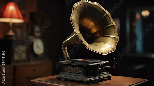 Vintage antique gramophone phonograph turntable with brass horn. Generative Ai