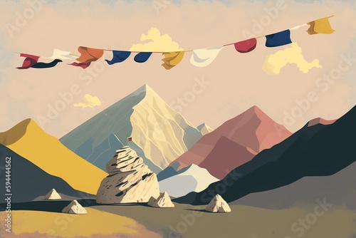 Flat illustration of a Nepali mountain range with colored flags. Ai generated.