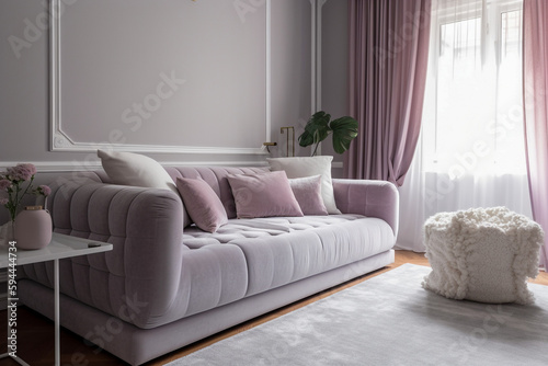 Cozy living room for woman, lilac light colors. Super photo realistic background, generative ai illustration