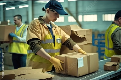 Operators handle merchandise in cardboard boxes at a peak of online commerce, Ai generated.
