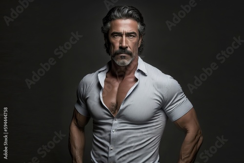 Muscular and attractive mature man posing in studio, isolated. Ai generated.
