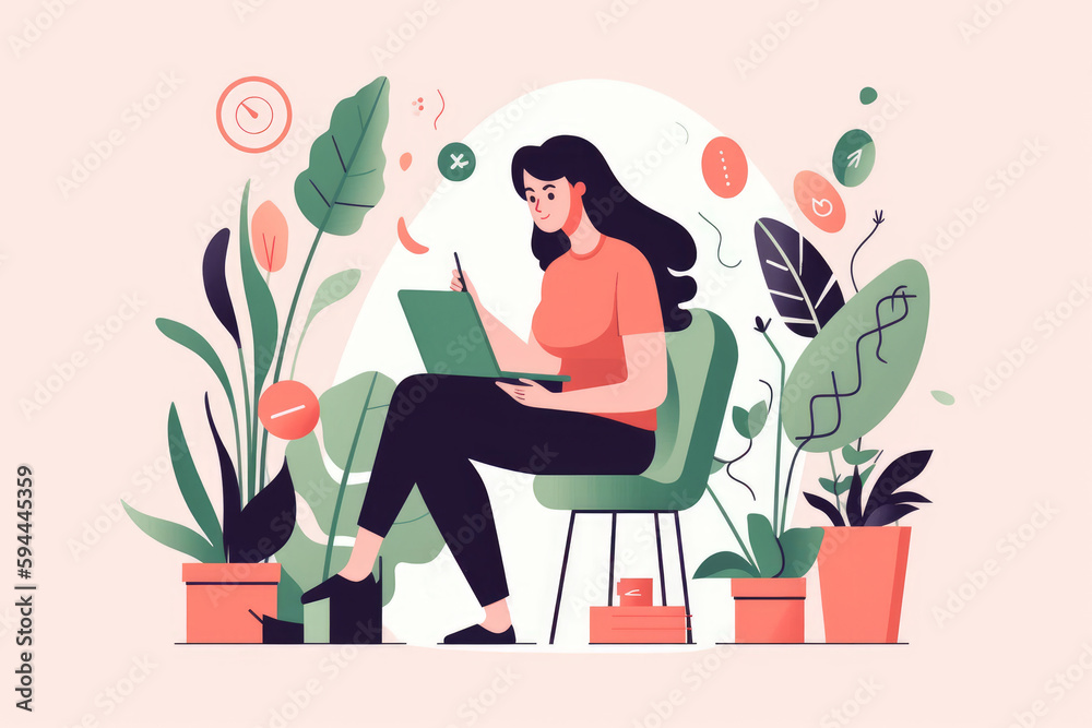 A digital illustration of a woman working or learning remotely on her laptop. Generative AI. A digital illustration of a woman working or learning remotely on her laptop. Generative AI.