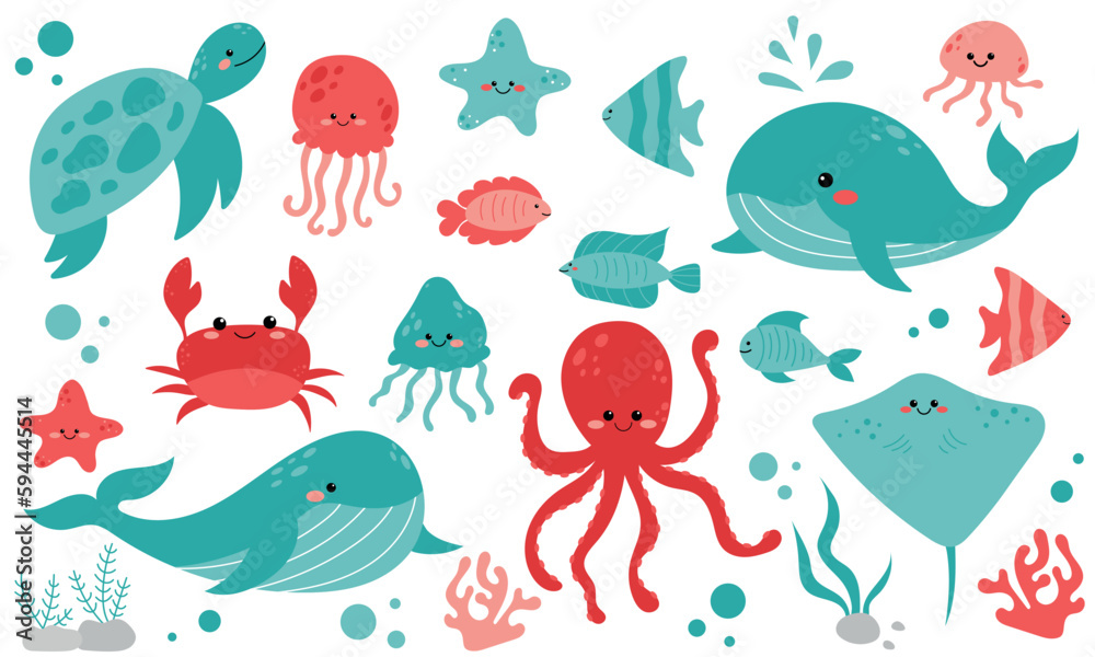 Fototapeta premium Vector cute set with sea animals and algae. Marine collection with whale, octopus, fish, crab, jellyfish, turtle, starfish and stingray. Inhabitants of the sea world in flat design. Cute sea animals. 