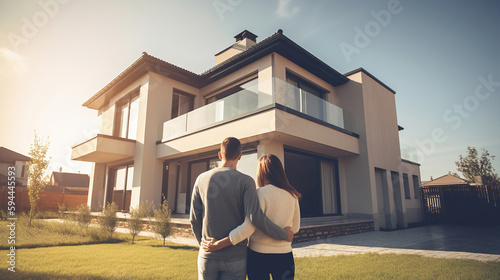 Young family looking at their new home standing with their backs, real estate purchase, investment. Generative Ai