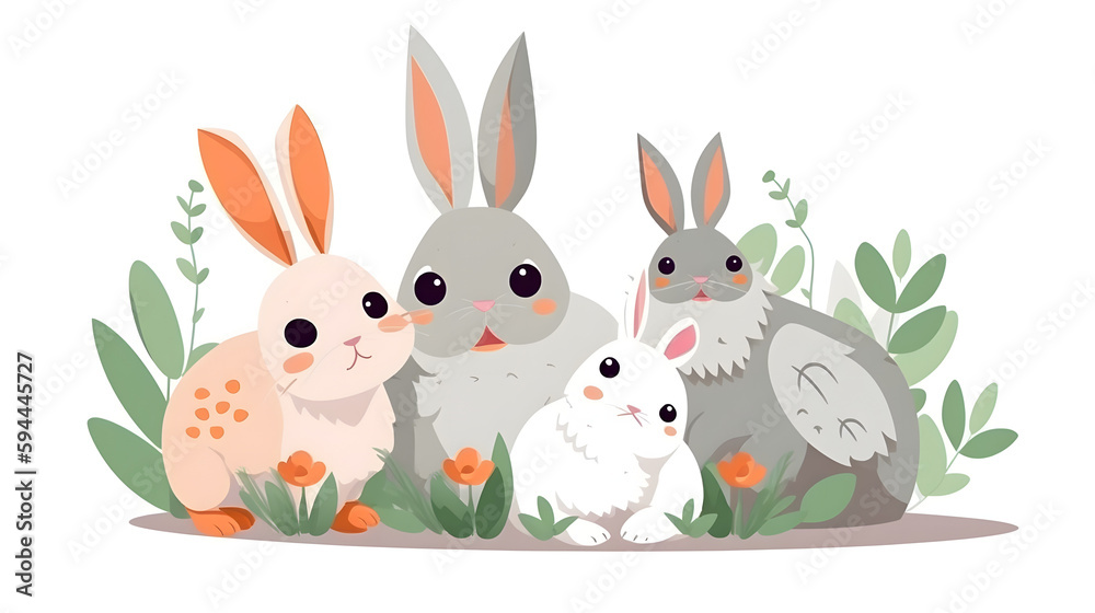 Obraz premium Boundless Bunnies: Embark on a Hilarious Journey with Funny Cute Rabbits in Flat Design - AI Generative
