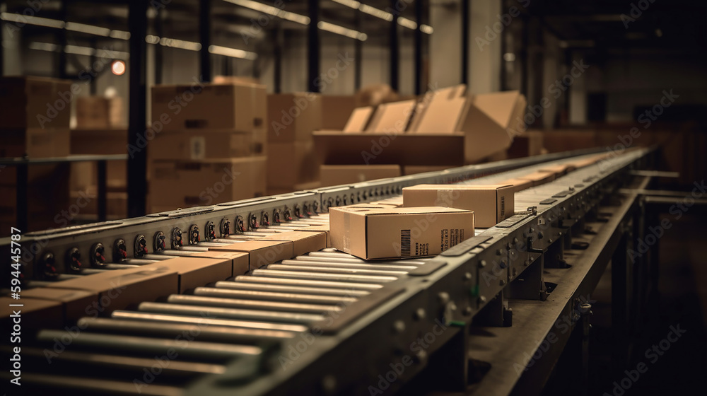 Orders processed on conveyor belt. Cardboard boxes in logistics warehouse. Generative Ai