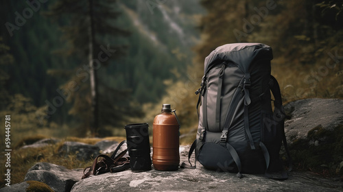 Hiking and camping equipment in forest. Generative Ai