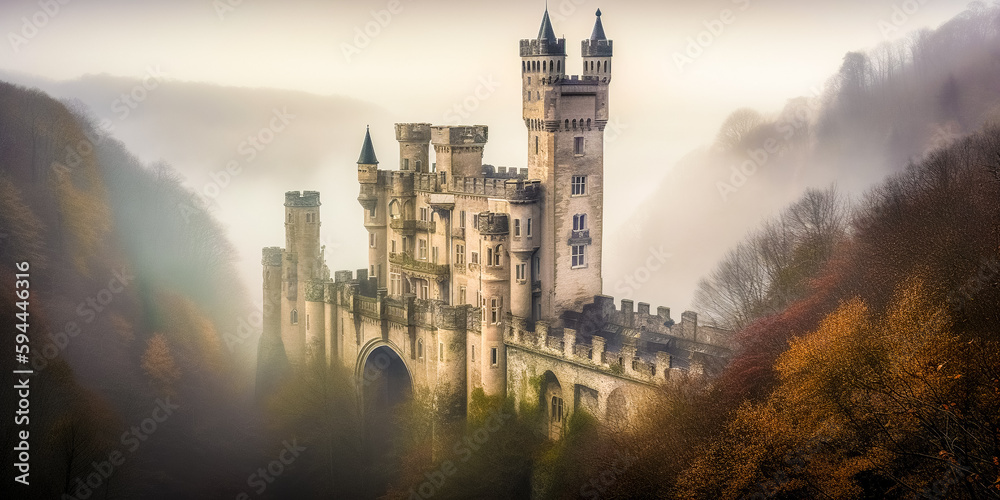 Mystical Mysterious medieval castle in the autumn mountains in the fog.  Fantasy background, digital art