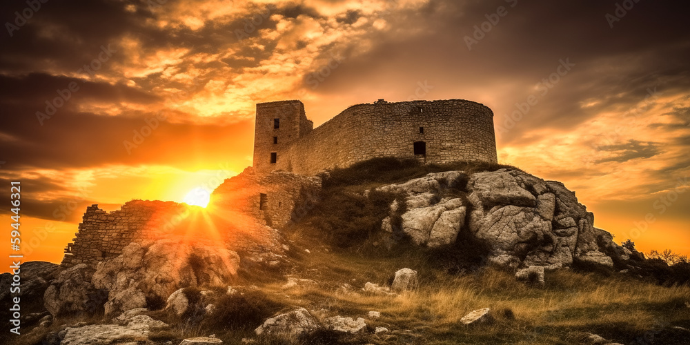 Mysterious medieval castle in the mountains against the backdrop of a magnificent summer sunset. Fantasy background, digital art
