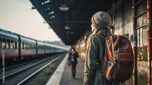 Travel at vacation. Woman with backpack waiting for train at railway station. Generative Ai