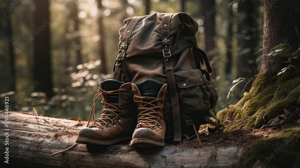 Hiking equipment in forest. Backpack and leather ankle boots. Generative Ai