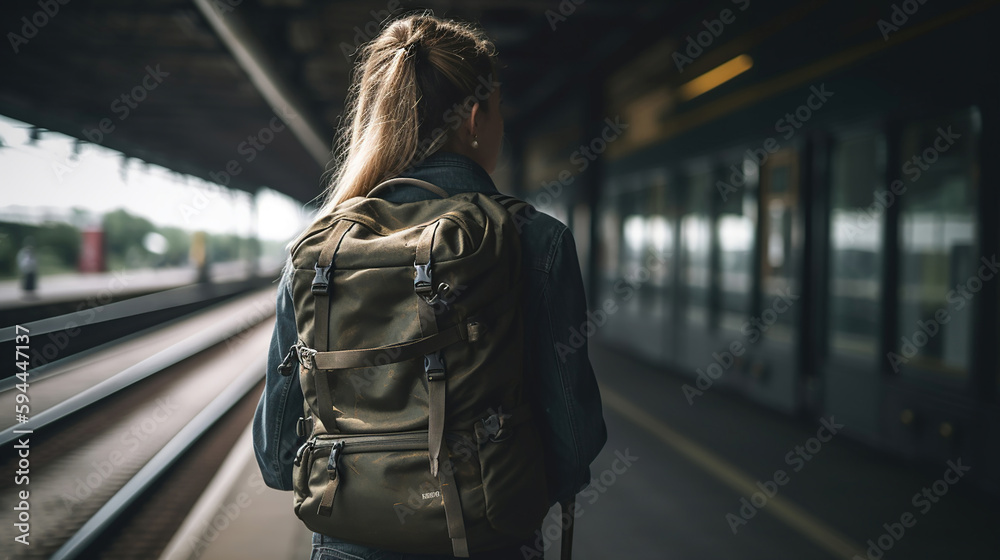 Travel at vacation. Woman with backpack waiting for train at railway station. Generative Ai Travel at vacation. Woman with backpack waiting for train at railway station. Generative Ai