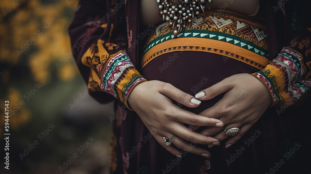 Closeup of pregnant woman's belly. Pregnant woman touching her belly with hands. Generative Ai