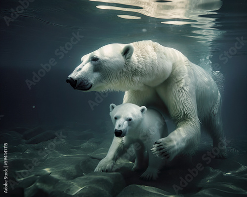 Mama osa polar con osezno buceando en el oceano.Ilustración de IA generativa photo