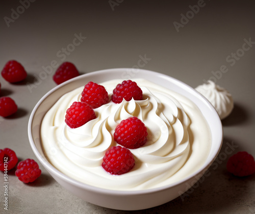dessert with raspberries and cream