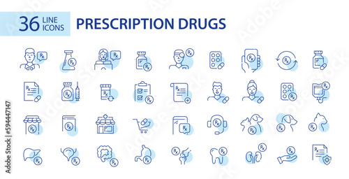 Set of prescription drugs, pharmacy and healthcare professionals icons. Pixel perfect, editable stroke icons