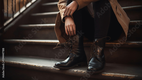 Woman wearing trench coat sitting on staircase and tying shoelace on her ankle boot. Autumn fashion collection. Generative Ai