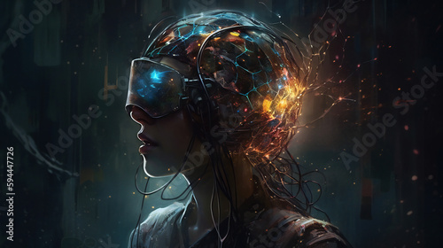 Technological concepts such as VR headset, metaverse, futuristic virtual world. Generative AI