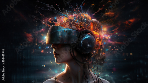 Technological concepts such as VR headset, metaverse, futuristic virtual world. Generative AI