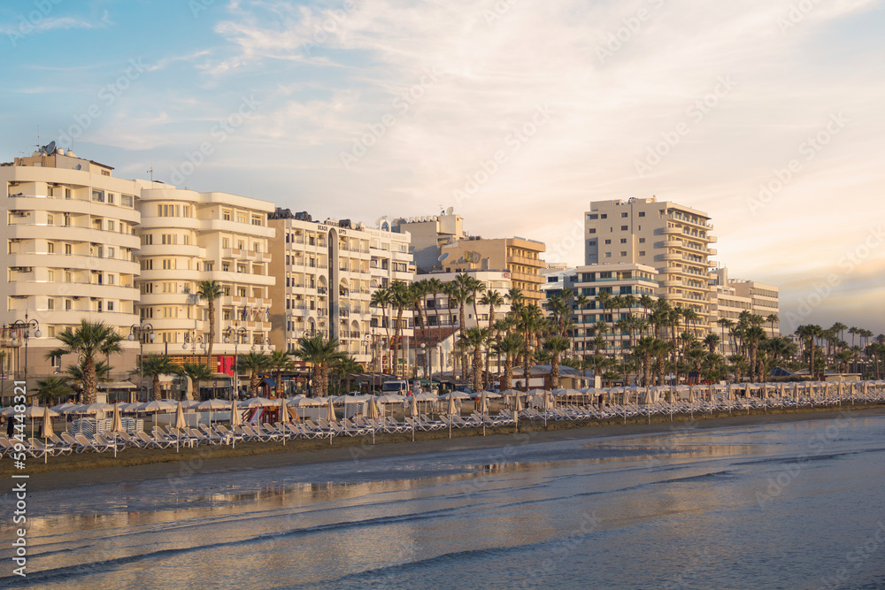 Beautiful view of the main street of Larnaca and Phinikoudes beach in Cyprus Beautiful view of the main street of Larnaca and Phinikoudes beach in Cyprus