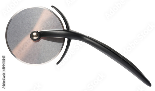 Pizza cutter with a black plastic handle on a white isolated background