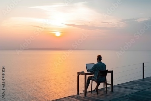 Man working remotely with his laptop from luxury location with the beautiful view on the sunset. He is enjoying the view on the sea. Created with generative AI