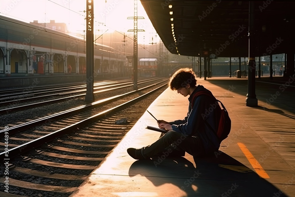 Man commuting from work to home. He is using laptop while riding a ...