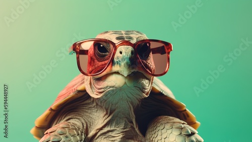 Funny turtle tortoise with cool sunglasses looking at camera over green background. Generative AI