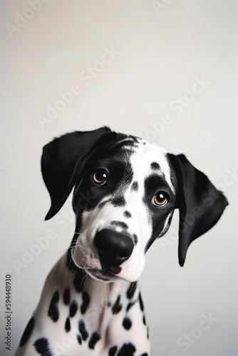 Head shot of funny black and white puppy looking curiously at camera over white background. Generative AI vertical studio shot