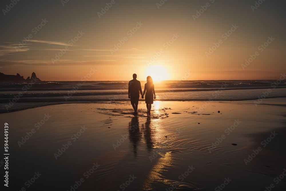 Silhouette of couple walking by the beach at sunset. Generative AI