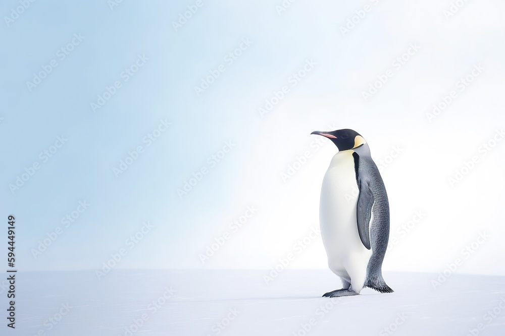 Fototapeta premium Emperor penguin digital illustration over gradient background with copy space. Generative AI
