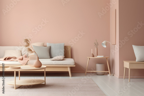 Modern interior design of a beige color living room with wooden sofa and coffee table  generative  AI  Generative AI.