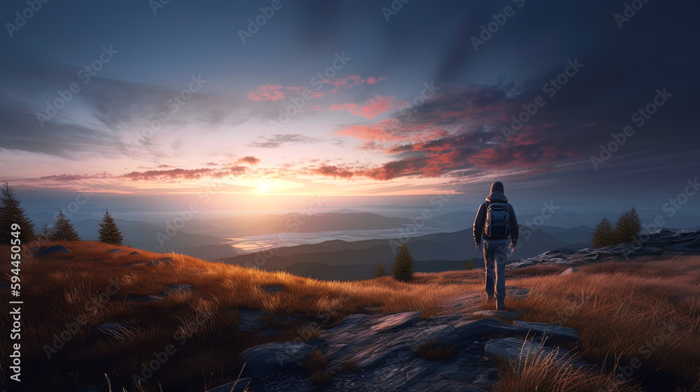 Hiker walks on mountain trail at sunset, landscape with person tourist, generative AI.