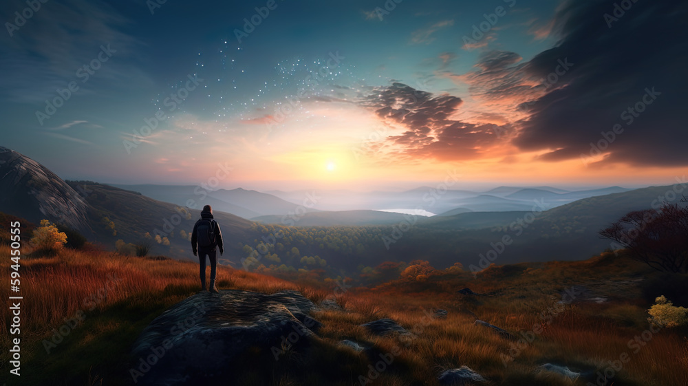 Hiker walks in mountains at sunset, landscape with fantasy starry sky, generative AI. Hiker walks in mountains at sunset, landscape with fantasy starry sky, generative AI.