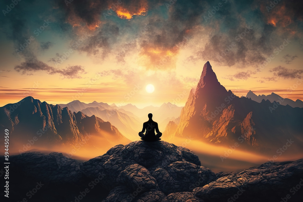 Yoga on mountain top at sunset, lonely man meditating outdoor, generative AI