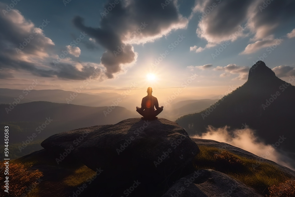 Yoga on mountain top at sunset, lonely man meditating outdoor, generative AI.