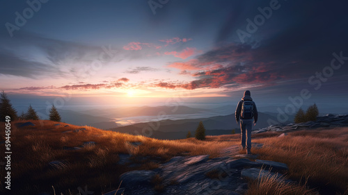 Hiker walks on mountain trail at sunset  landscape with person tourist  generative AI.