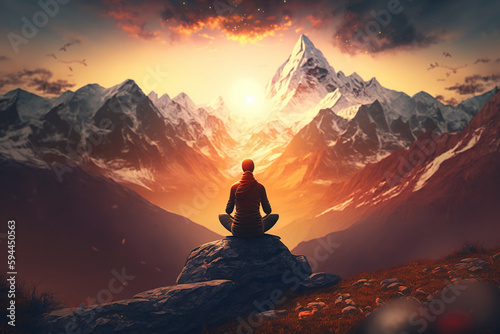 Yoga on mountain top at sunset, young woman doing exercise outdoor, generative AI.